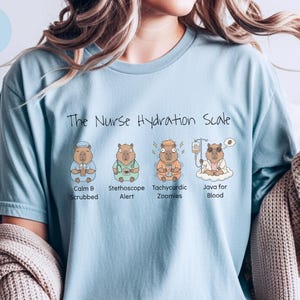 Puede incluir: Camiseta azul claro con el texto "The Nurse Hydration Scale" e ilustraciones de carpinchos en diversas situaciones de enfermería. La camiseta presenta las frases "Calm & Scrubbed", "Stethoscope Alert", "Tachycardic Zoomies" y "Java for Blood".