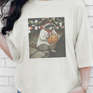 Comfort Colors Funny Raccoon Tee, Pirate Halloween Shirt | Spooky Trash Panda T-Shirt, Trick or Treat Bag, Kids Fall Party Graphic