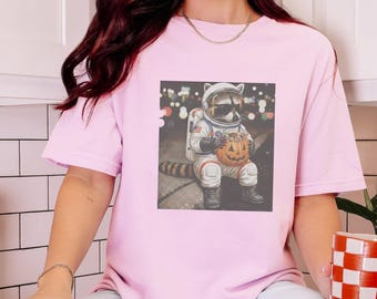 Comfort Colors Space Raccoon Halloween Shirt, Funny Astronaut Animal Tee, Spooky Season Trick or Treat, Outer Space Costume Party