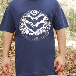 Comfort Colors Night Animals Shirt, Gothic Bat Tattoo Style Tee, Halloween Witchy Moon and Stars, Dark Fantasy Bats Night Sky image 1