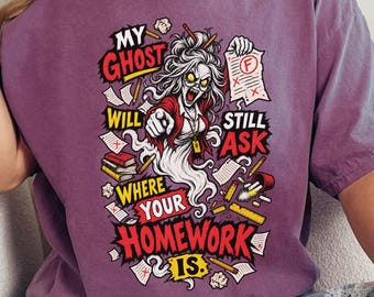 Comfort Colors Lehrer-Shirt für Halloween: Gruseliges Geister-T-Shirt für Lehrer – Mein Geist fragt immer noch, wo deine Hausaufgaben sind!