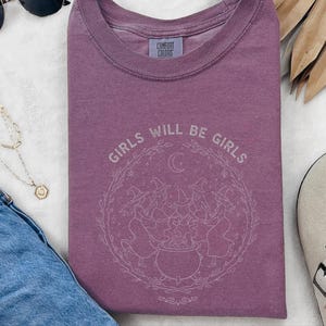 Comfort Colors Circle of Witches Girls Will Be Girls Feminist Tee, Vintage Witchcraft Coven Halloween Spooky Season Shirt, Pagan Coven Shirt