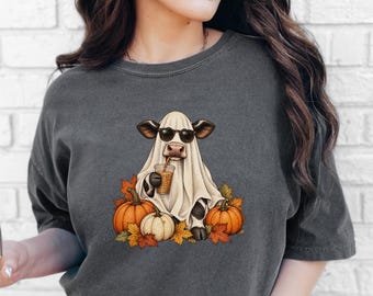 Ghost Cow Shirt, Halloween Coffee Tee, Fall Coffee Shirt, Ghost Coffee Cup Sweatshirt, Pumpkin Spice Fall Outfit