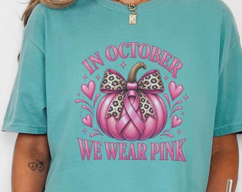 In October We Wear Pink Shirt, Retro Breast Cancer Awareness Tee, Fall Pumpkin Support Gift, Warrior Sweatshirt