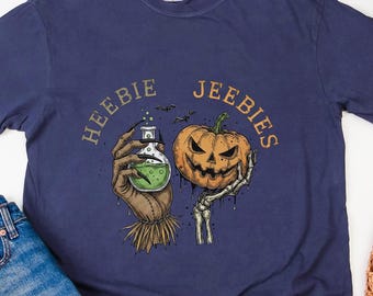 Comfort Colors Goth Creepy Gift Shirt, Heebie Jeebies Halloween Tee, Scary Movie Fan Horror Apparel, Spooky Pumpkin Skeleton, Bat Lover Gift