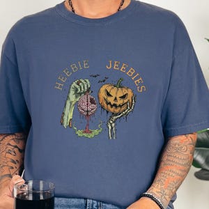Comfort Colors Watercolor Zombie Heebie Jeebies Shirt, Modern Horror Movie Tee, Retro Goth Halloween Graphic, Spooky Pumpkin Skull Vintage image 1