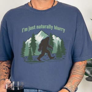 Comfort Colors Big Foot Shirts, Bigfoot Forest Blur Mountain Silhouette, Funny Sasquatch Cryptid Tee, Hiking Lover Gift for Men image 1