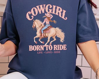 Comfort Colors Pink Cowgirl Shirt, Cowgirl Born To Ride Western Tee, Equestrian Southwestern Concert Tee, Country Bachelorette Party T-Shirt