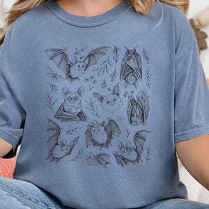Comfort Colors Cute Animal Cartoon Bat Shirt, Whimsical Gothic Tee, Dark Academia Literary Gift, Funny Halloween Reader Tee, Gothic T-shirt image 1