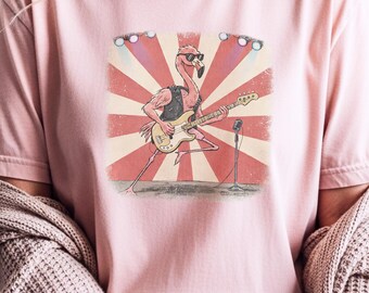 Flamingo Bassist Shirt - Rockstar Flamingo Playing Bass Guitar Art | Unique Music Lover Gift, Cool Animal Musician Tee  and  Indie Retro