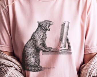 Sysadmin Humor Shirt | The Technicolor Scream Vintage Engraving Cat Vs Computer | Funny Programmer, IT Department Tee, Dark Humor Cat