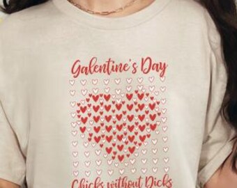 Galentine's Day Chicks Without Dicks Heart Mosaic T-Shirt | Funny Anti-Valentine Ladies Party Tee | No Guys Allowed Best Friend Gift for