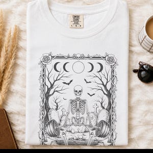 Comfort Colors Skeleton Workout Tee, Exercising My Demons Gothic Gym Shirt, Funny Fitness Weightlifting Humor, Spooky Cemetery Dark Art image 4