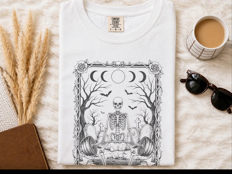Comfort Colors Skeleton Workout Tee, Exercising My Demons Gothic Gym Shirt, Funny Fitness Weightlifting Humor, Spooky Cemetery Dark Art image 4