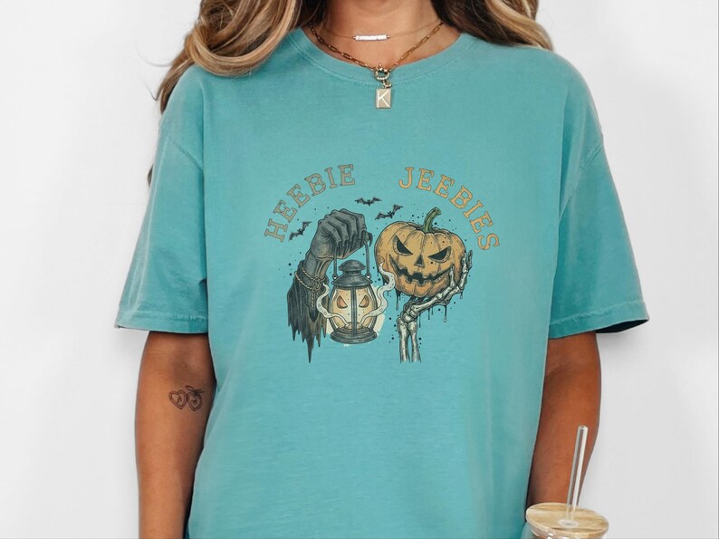 Comfort Colors Grim Reaper Pattern Heebie Jeebies Shirt, Horror Figure Apparel, Vintage Lantern, Gothic Halloween Scary Tee, Thing Hand image 2