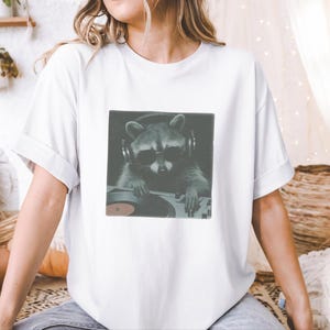 DJ Graphic Tee, Raccoon Djing Shirt, Funny Trash Panda Gift, Electronic Music Producer, Vintage Hip Hop Concert Style Tee, Raccoon Tshirt image 2