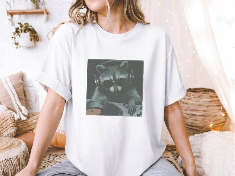 DJ Graphic Tee, Raccoon Djing Shirt, Funny Trash Panda Gift, Electronic Music Producer, Vintage Hip Hop Concert Style Tee, Raccoon Tshirt image 2