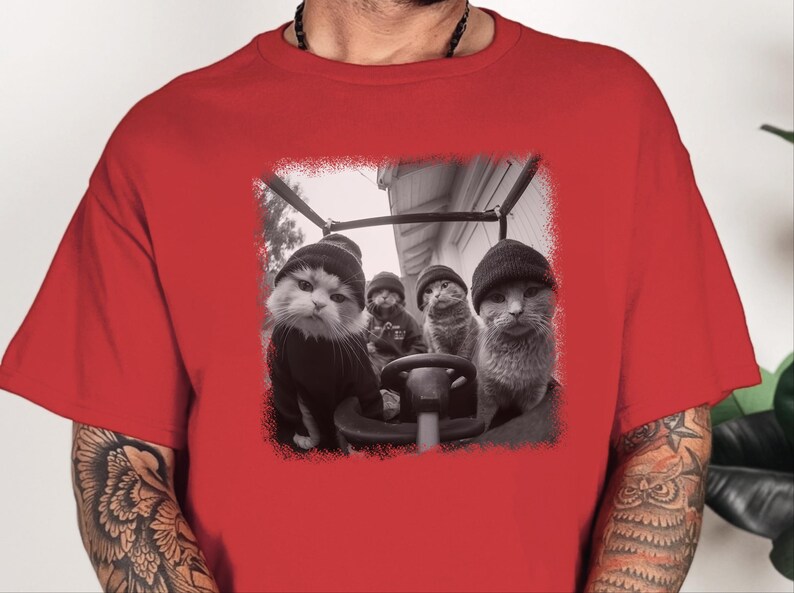 Gangster Cat Shirt | Cat Thugs In Car Lowrider Tee | Edgy Urban Graphic, Funny Meme Feline, Chicano Car Culture Style, Gangster Cat Tee image 5