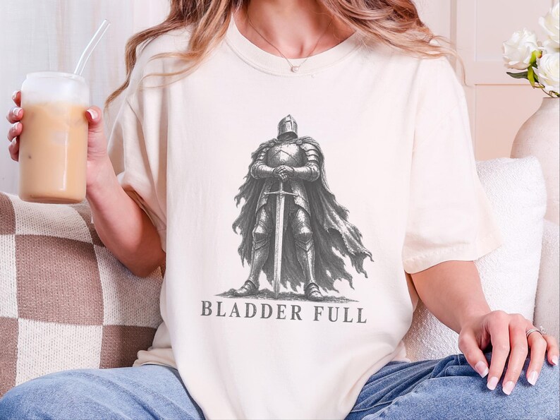 Tummy Hurts Shirt, Retro Knight Tee, Dark Souls Aesthetic, Funny Knight Shirt, Bladder Full, Dark Fantasy Gift image 1