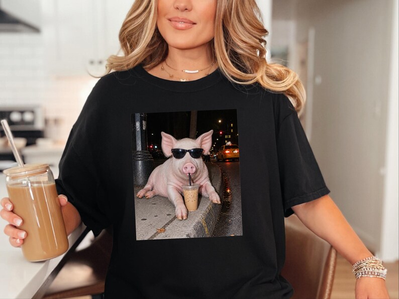 Pig Drinking Iced Coffee Shirt, Pig Lover Gift, Funny Animal Meme Tee, Coffee Lover Shirt, Pig Farmer Gift image 3