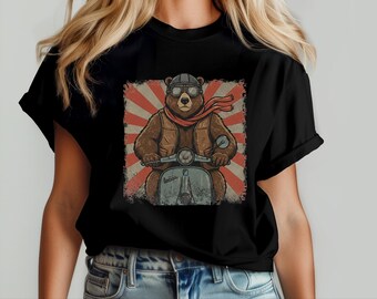 Camiseta de regalo para motoristas de ciclomotor, camiseta retro de oso motero, ropa para amantes de los animales y los scooters.
