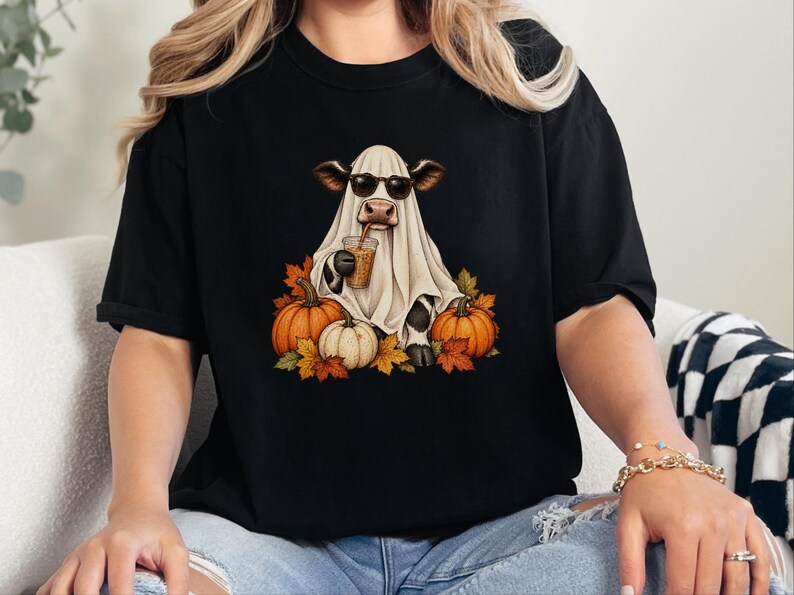 Camiseta de vaca fantasma, camiseta de café de Halloween, camiseta de café de otoño, sudadera con taza de café fantasma, conjunto de otoño con especias de calabaza. imagen 5