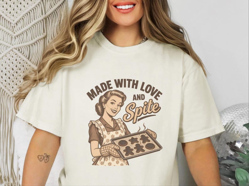 Funny Baking Shirt, Sarcastic Housewife Gift, Retro Baker Tee, Made With Love And Spite image 1