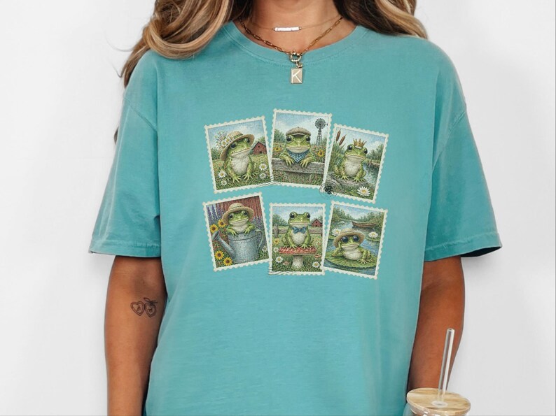 Vintage Frog Shirt, Frog Lover Gift, Postage Stamp Tee, Cottagecore Frog Tee, Animal Lover Gift image 1