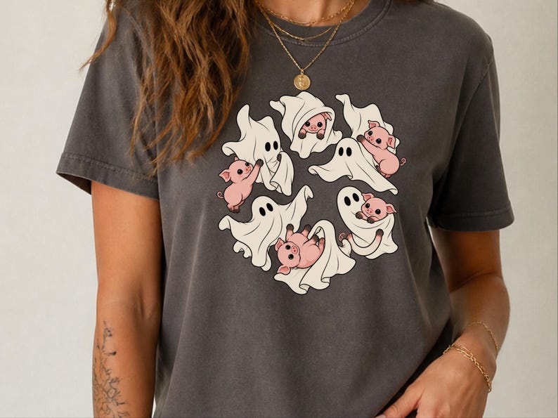 Camiseta de fantasma, regalo para amantes de los cerdos, camiseta de fantasma de Halloween, camiseta de temporada espeluznante, camiseta con estampado de cerdo, camiseta de animales de granja imagen 10