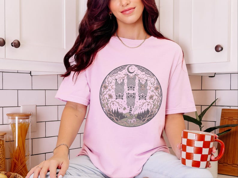 Comfort Colors Funny Raccoon Shirt, Raccoon Tree Branches Moon Graphic Tee, Trash Panda Dark Humor Design, Woodland Forest Celestial Night image 5