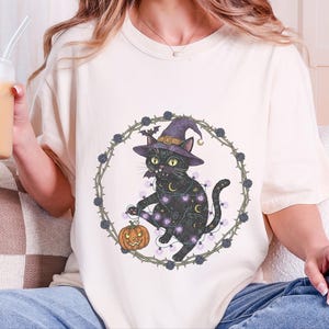 Comfort Colors Gothic Black Cat Print Shirt, Black Cat Witch Hat Tee, Spooky Fantasy Whimsical Halloween Art, Dark Feminine Whimsi Goth image 11