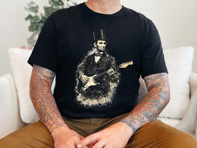 Funny History Shirt, Abe Lincoln Rockin' Guitar Vintage Tee, History Teacher Gift, Musician Rock and Roll Present, Classic Rock Art image 7