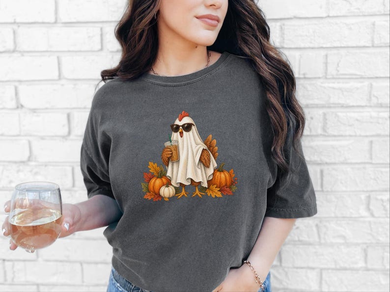 Halloween Chicken Shirt, Ghost Coffee Tee, Fall Chicken Gift, Chicken Lover Shirt, Spooky Season Tee image 4