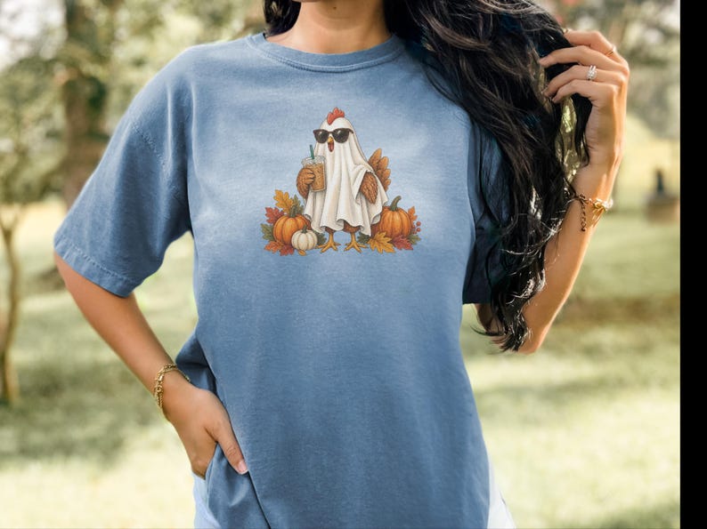 Halloween Chicken Shirt, Ghost Coffee Tee, Fall Chicken Gift, Chicken Lover Shirt, Spooky Season Tee image 2