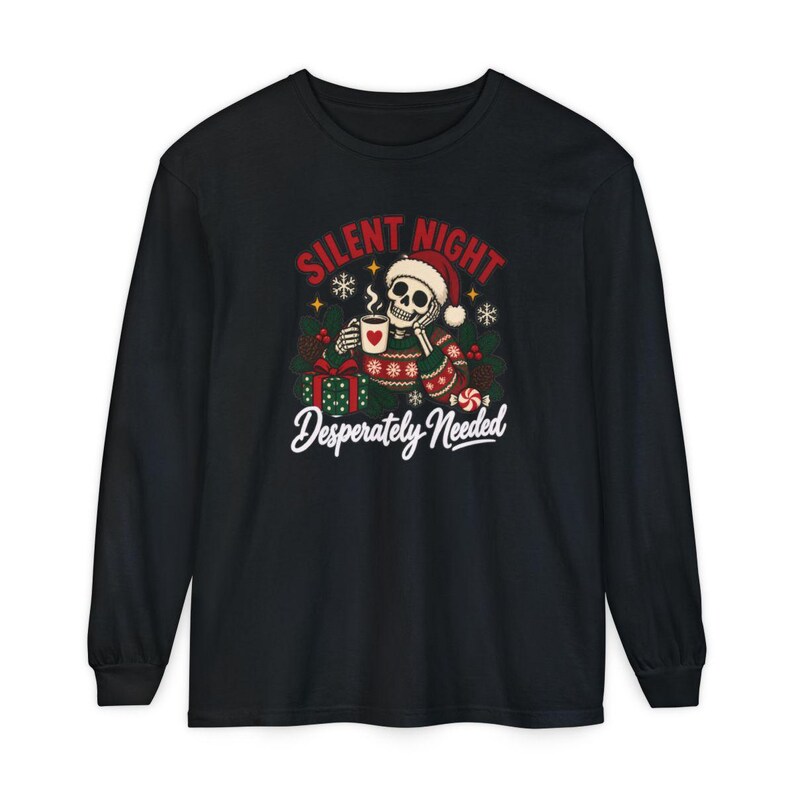 Funny Christmas Sweatshirt, Skeleton Santa Shirt, Sarcastic Holiday Gift, Silent Night Desperately Needed, Tired Mom Shirt, Creepmas Tee imagen 13