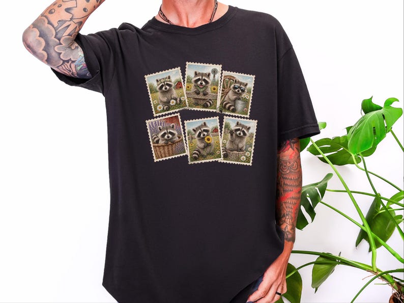 Raccoon Postage Stamp Shirt, Vintage Animal Lover Gift, Farm Girl Tee, Rustic Nature Graphic Shirt image 1
