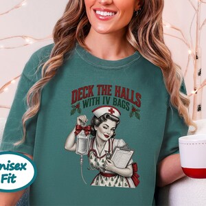 Christmas Nurse Shirt, Funny Healthcare Gift, Retro Nurse Christmas Top, Deck The Halls With IV Bags, ICU Nurse Holiday Sweatshirt image 7