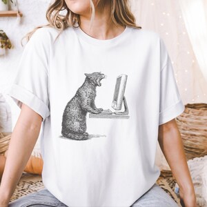 Angry Cat T-Shirt, Cat Vs Computer Tee, Vintage Engraving Art, Retro Computer Art image 3