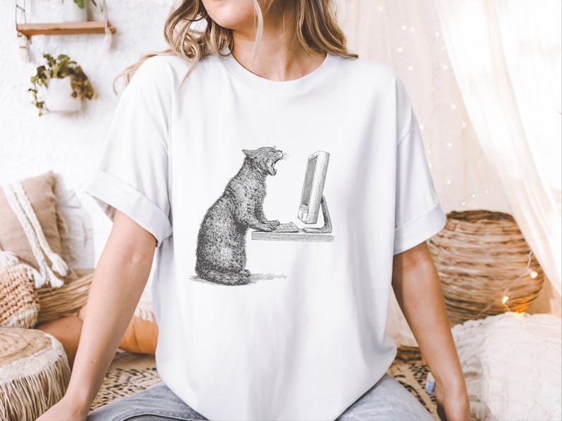 Angry Cat T-Shirt, Cat Vs Computer Tee, Vintage Engraving Art, Retro Computer Art image 3