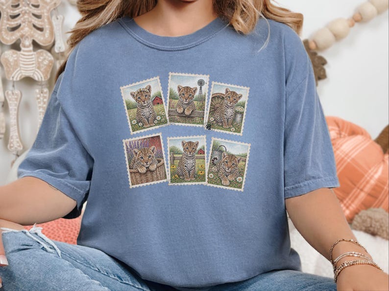 Leopard Lover Gift, Vintage Postage Stamp Leopard Collection, Wild Cat Shirt, Safari Animal Art, Farm Girl Shirt image 5