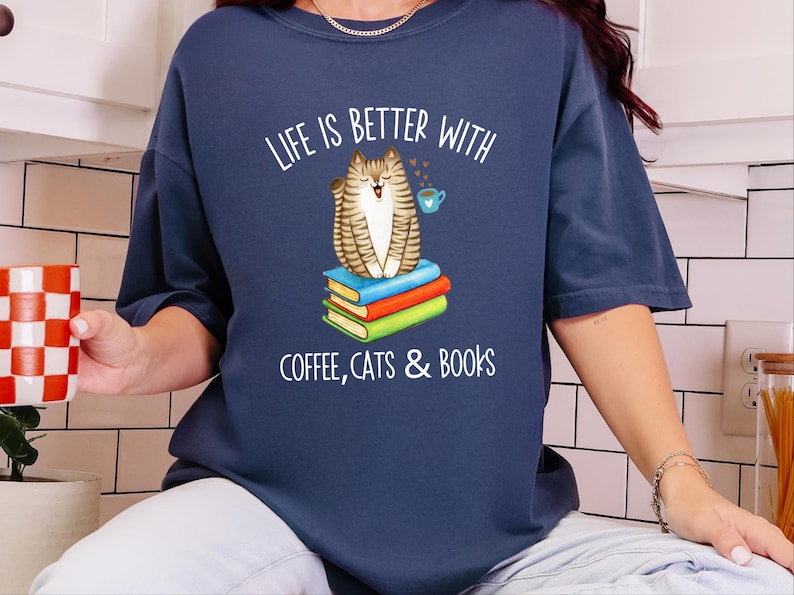Comfort Colors Reading Cat Tee, Life Is Better With Coffee, Cats and Books Shirt, Literature Teacher Bookworm Top, Whimsical Cat Tee image 6