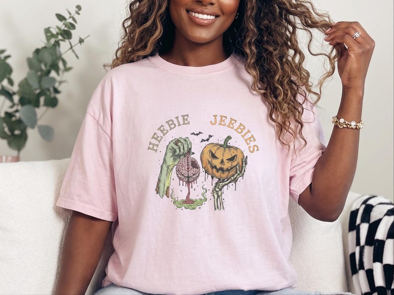Comfort Colors Watercolor Zombie Heebie Jeebies Shirt, Modern Horror Movie Tee, Retro Goth Halloween Graphic, Spooky Pumpkin Skull Vintage image 4
