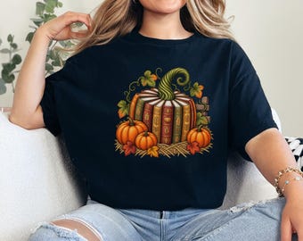 Herfst T-shirt met boekenprint, cadeau voor boekenliefhebbers, vintage herfst T-shirt met pompoen en boekmotief, comfortabele leestrui, cadeau voor bibliothecarissen