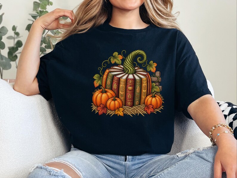 Fall Bookish Shirt, Fall Book Lover Gift, Vintage Autumn Book Pumpkin Tee, Cozy Reading Sweatshirt, Librarian Gift image 1