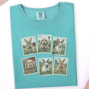 Vintage Bunny Shirt, Cottagecore Rabbit Tee, Postage Stamp Art Gift, Farmhouse Animal Lover Top, Retro Spring Nature Apparel image 4