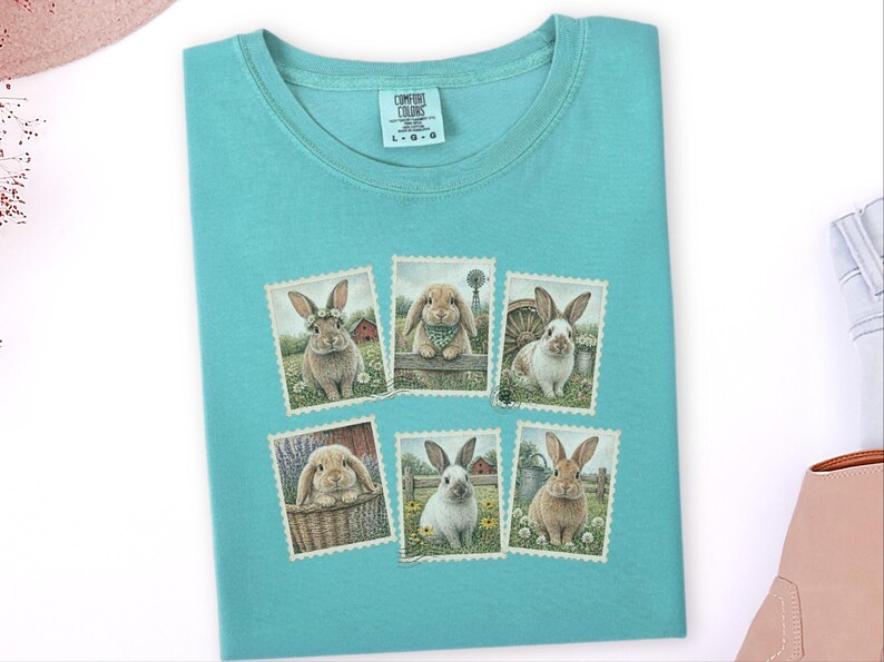 Vintage Bunny Shirt, Cottagecore Rabbit Tee, Postage Stamp Art Gift, Farmhouse Animal Lover Top, Retro Spring Nature Apparel image 4