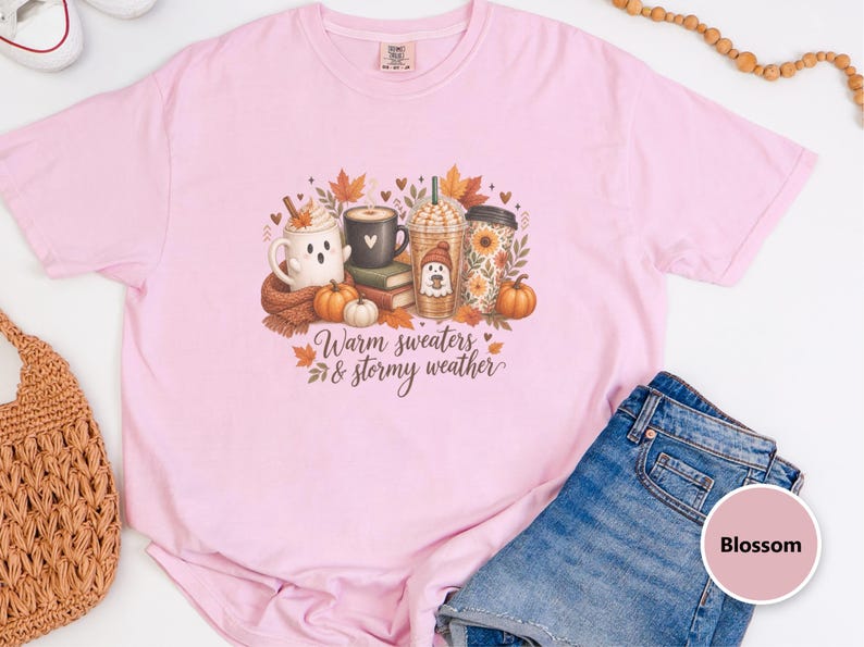 Ghost Coffee Shirt, Fall Coffee Shirt, Halloween Coffee Tee, Cute Ghost Sweater, Warm Sweaters And Stormy Weather, Autumn Sweatshirt image 1