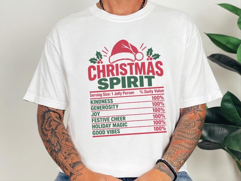 Christmas Spirit Nutrition Label Shirt, Family Christmas Tee, Matching Holiday Party Shirt, Funny Christmas Gift, Holiday Spirit Top image 1