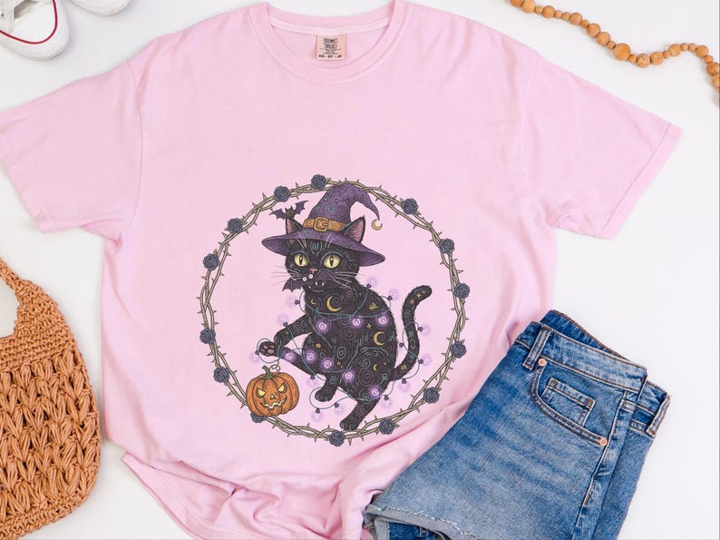 Comfort Colors Gothic Black Cat Print Shirt, Black Cat Witch Hat Tee, Spooky Fantasy Whimsical Halloween Art, Dark Feminine Whimsi Goth image 1