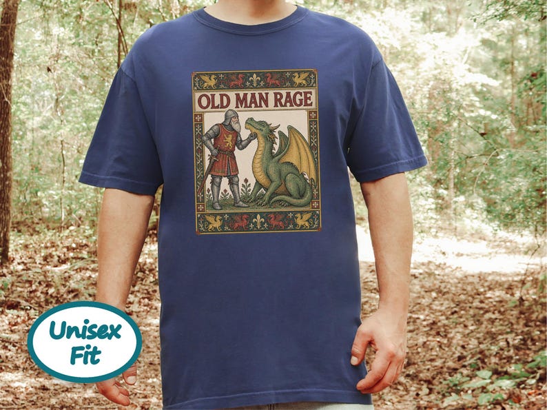 Medieval Dragon Shirt, Funny Old Man Gift, Fantasy Reader Tee, Knight Costume, Medieval Manuscript Graphic Tee image 6